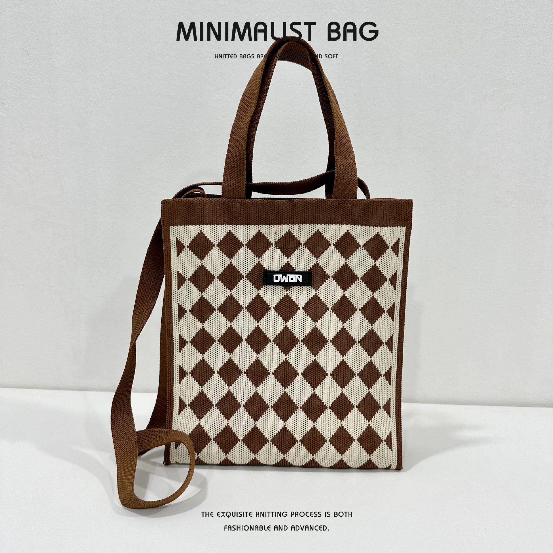 Black and white diamond knitted shoulder bag - Image 14