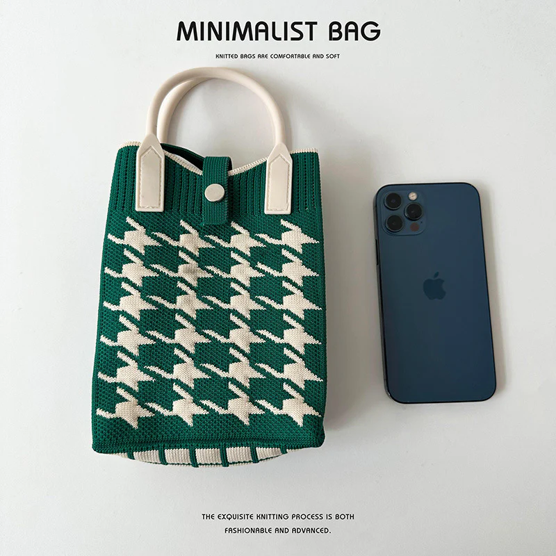 Black and White Houndstooth Mini Knit Phone Bag - Image 3