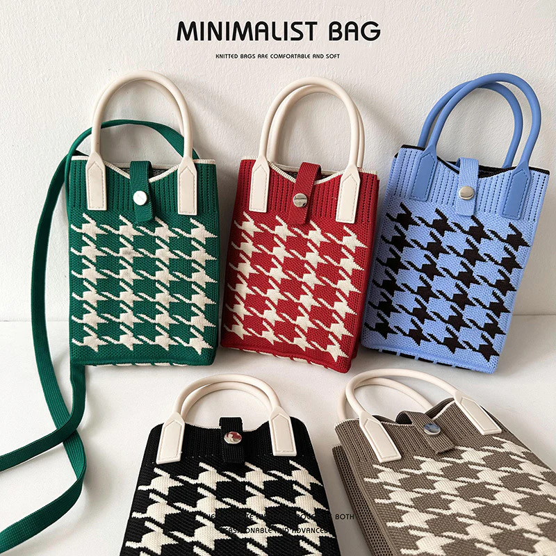 Black and White Houndstooth Mini Knit Phone Bag - Image 5