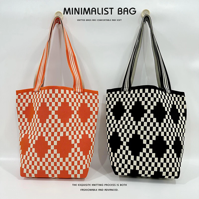 Diamond lattice large capacity shoulder bag handbag knitted bag - Image 3