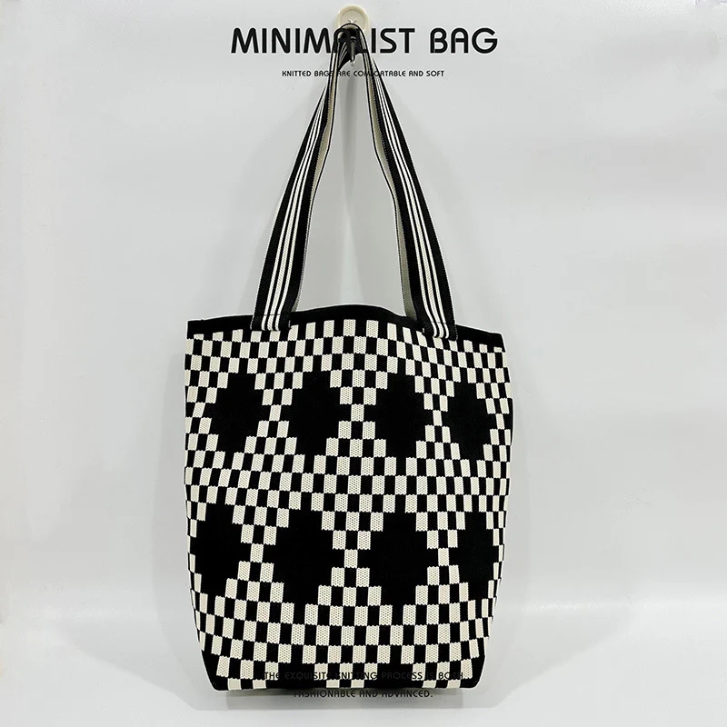 Diamond lattice large capacity shoulder bag handbag knitted bag - Image 7