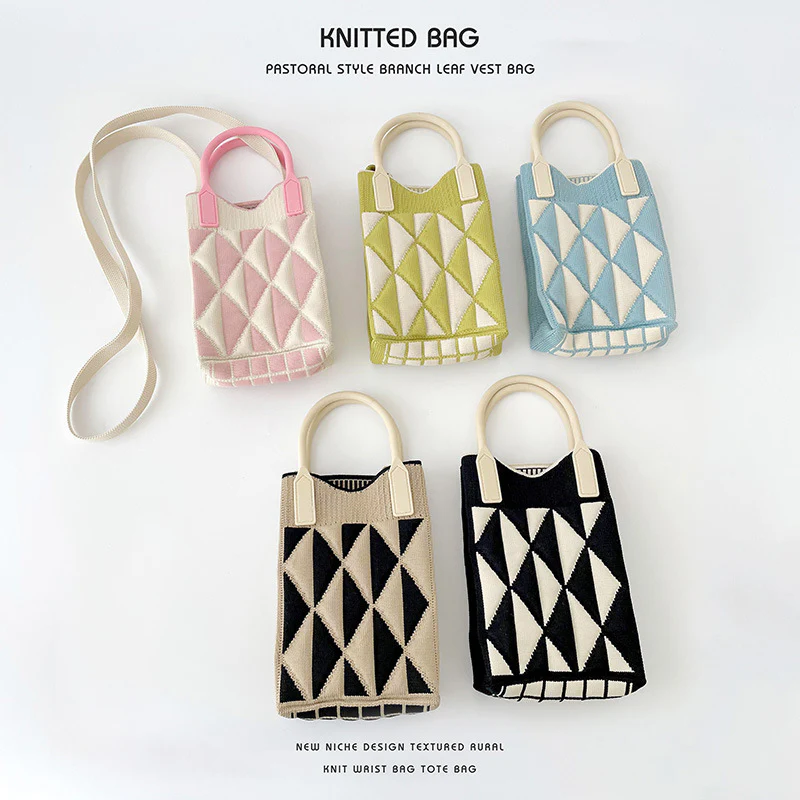 Geometric diamond mini mobile phone bag shoulder crossbody knitted bag - Image 3