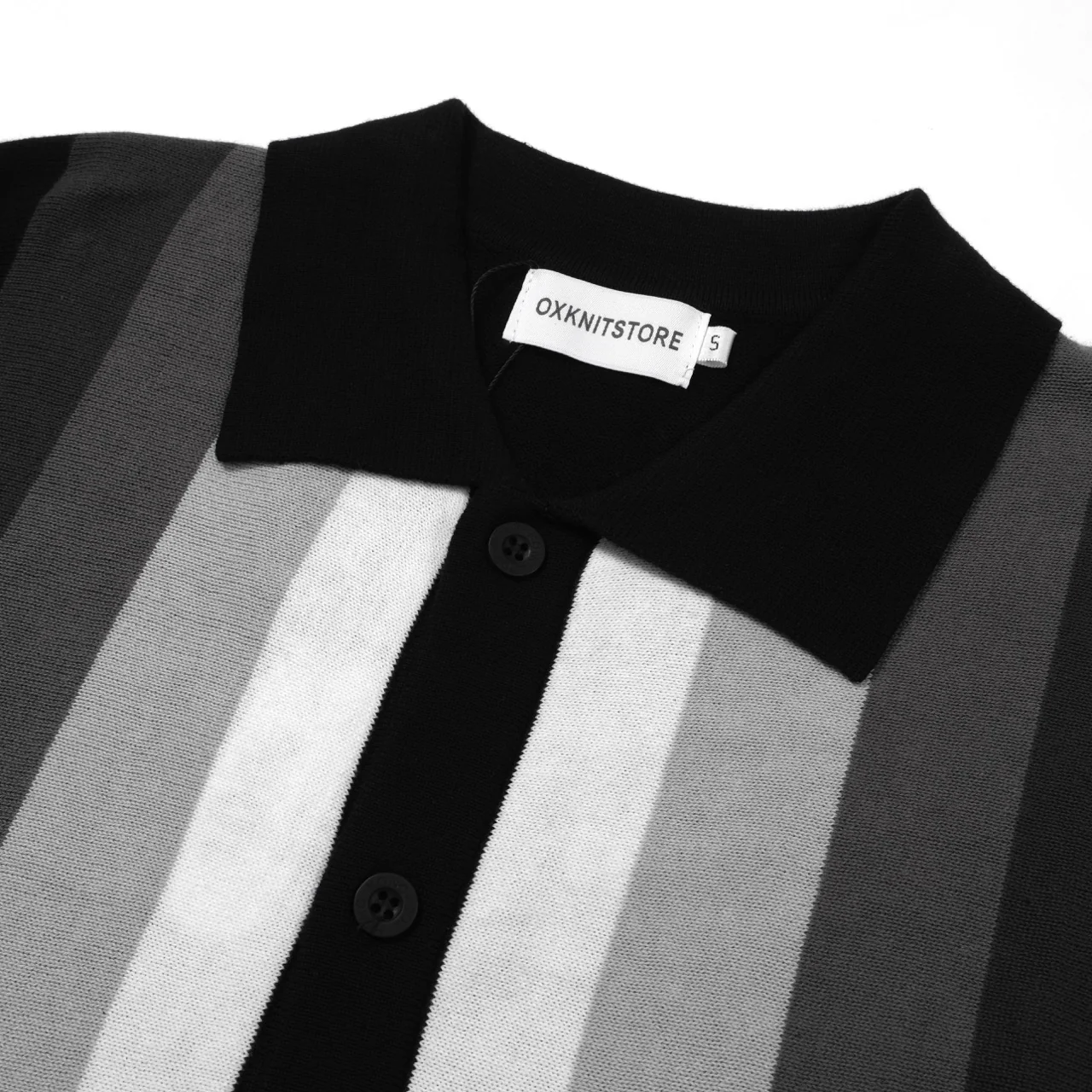 Men's 60s Monochrome Stripe Knit Shirt – Black, White & Grey Button-Up Polo - Image 3