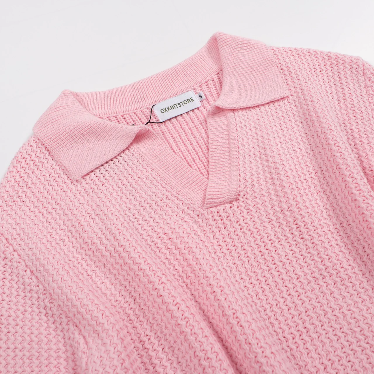 Men's 60s Mod Pink Waffle Knit Polo – Lightweight Retro V-Neck Shirt - Image 3