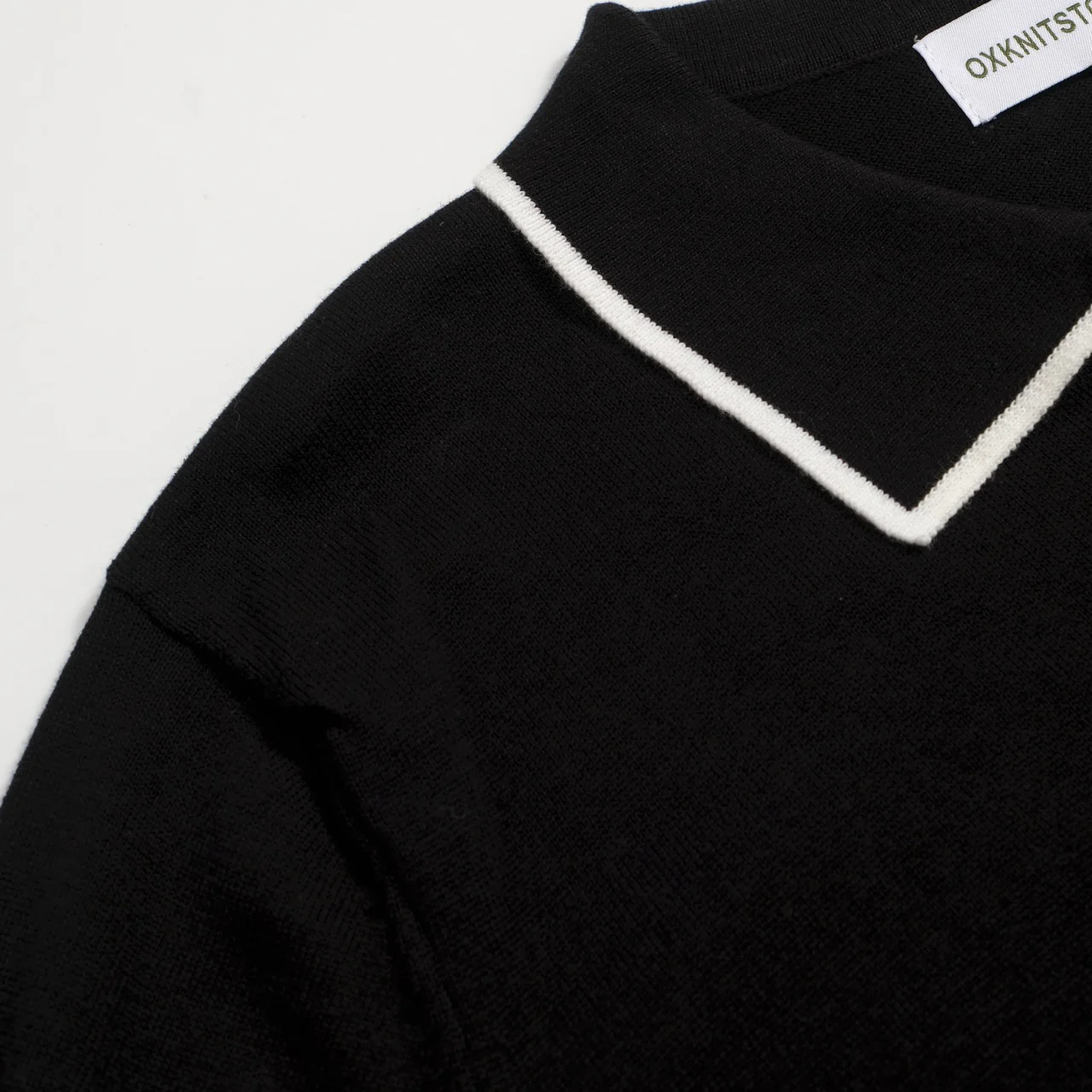 Men's 70s Black Mod Polo – Contrast Tipped Retro Knit Shirt - Image 4