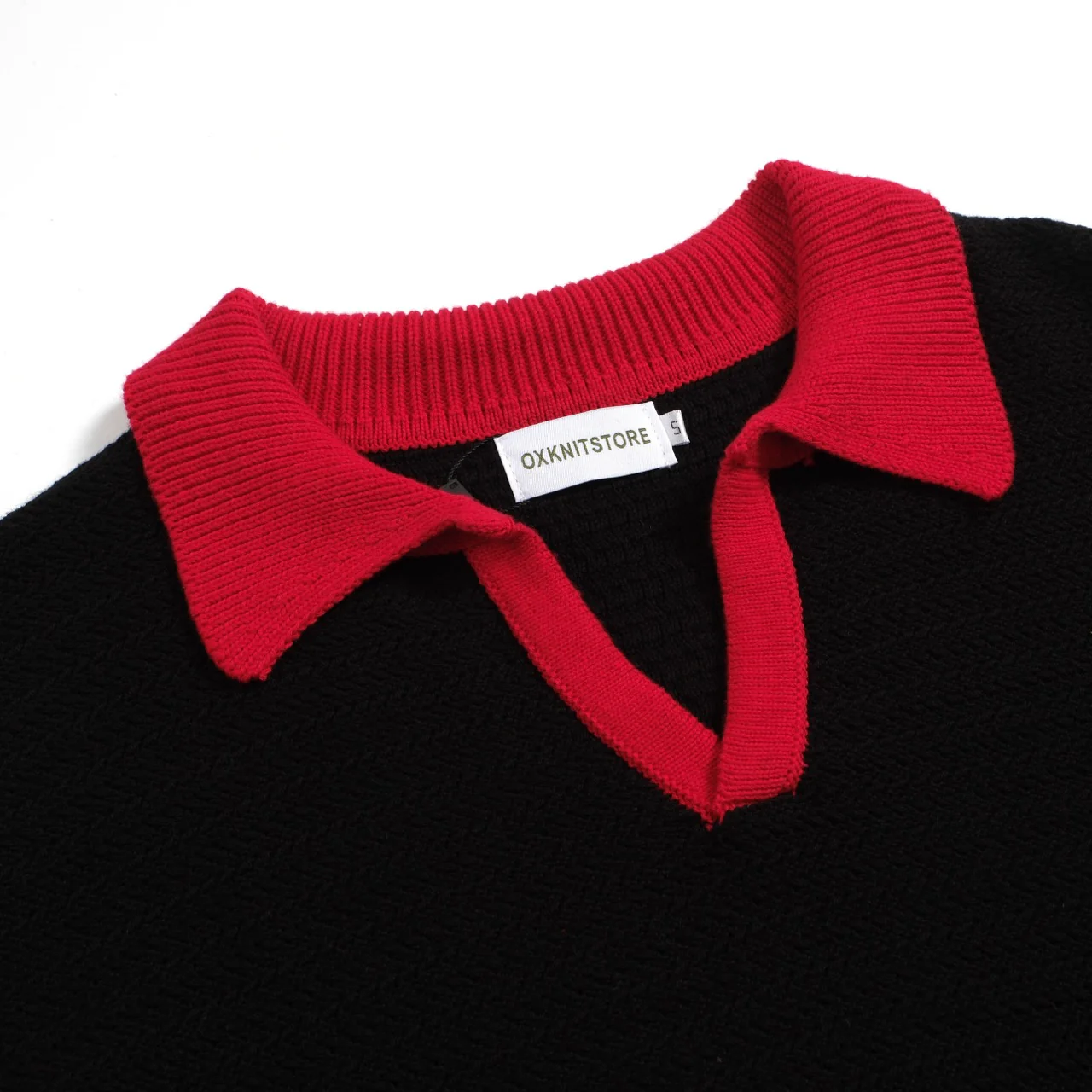 Men's 70s Black Retro Knit Polo – Red Contrast V-Neck Shirt - Image 2