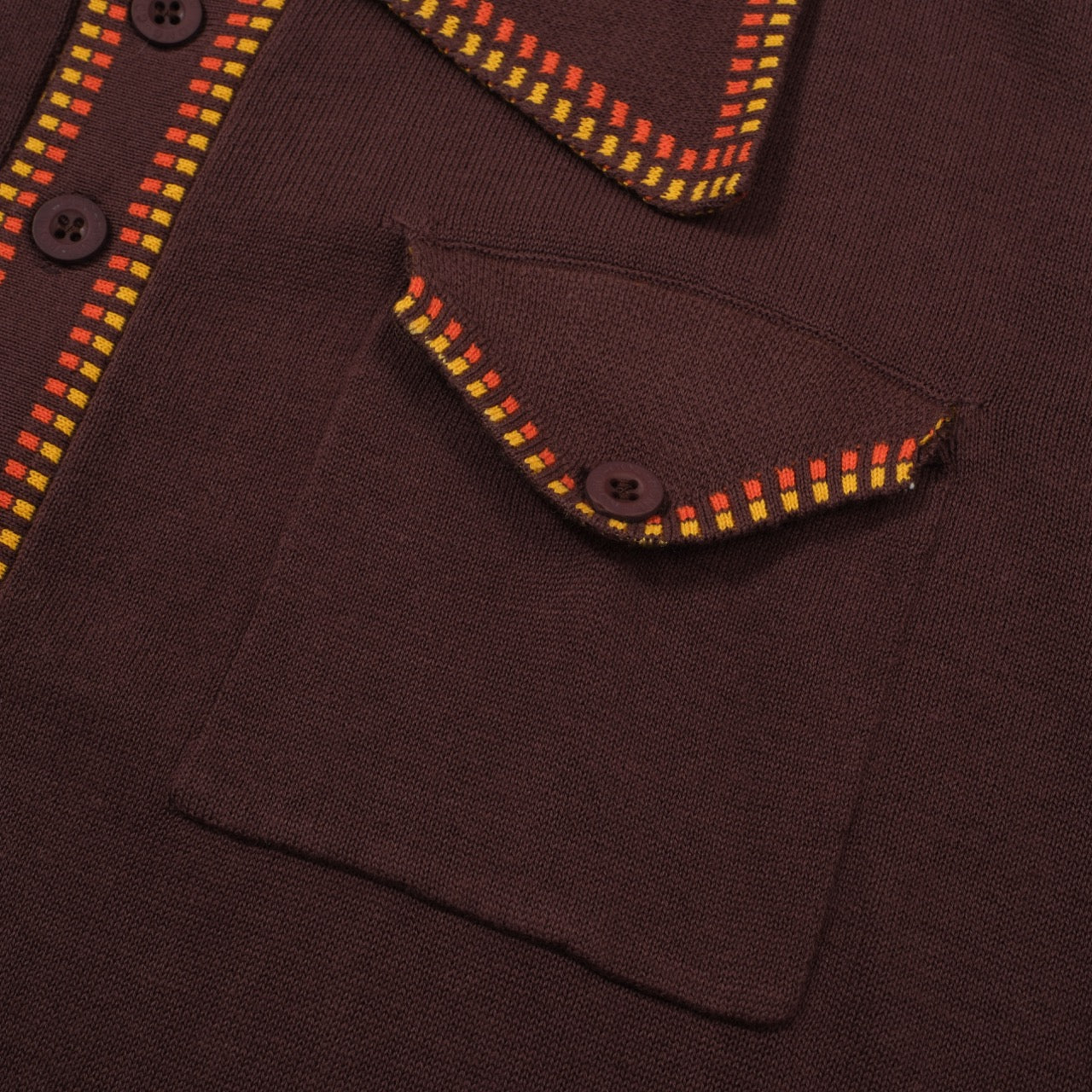 Men's 70s Mod Knit Shirt – Brown with Yellow & Red Checker Trim - Image 5