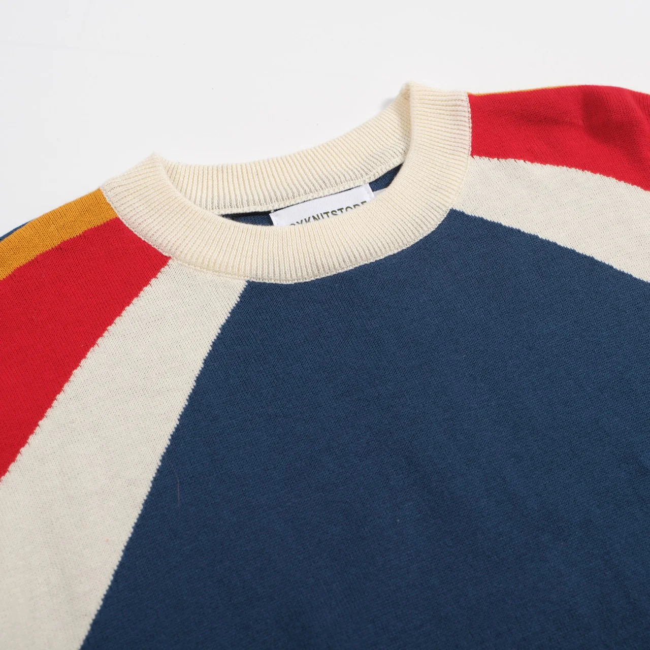 Men's 70s Colorblock Knit Tee – Blue Retro Stripe Crewneck - Image 3