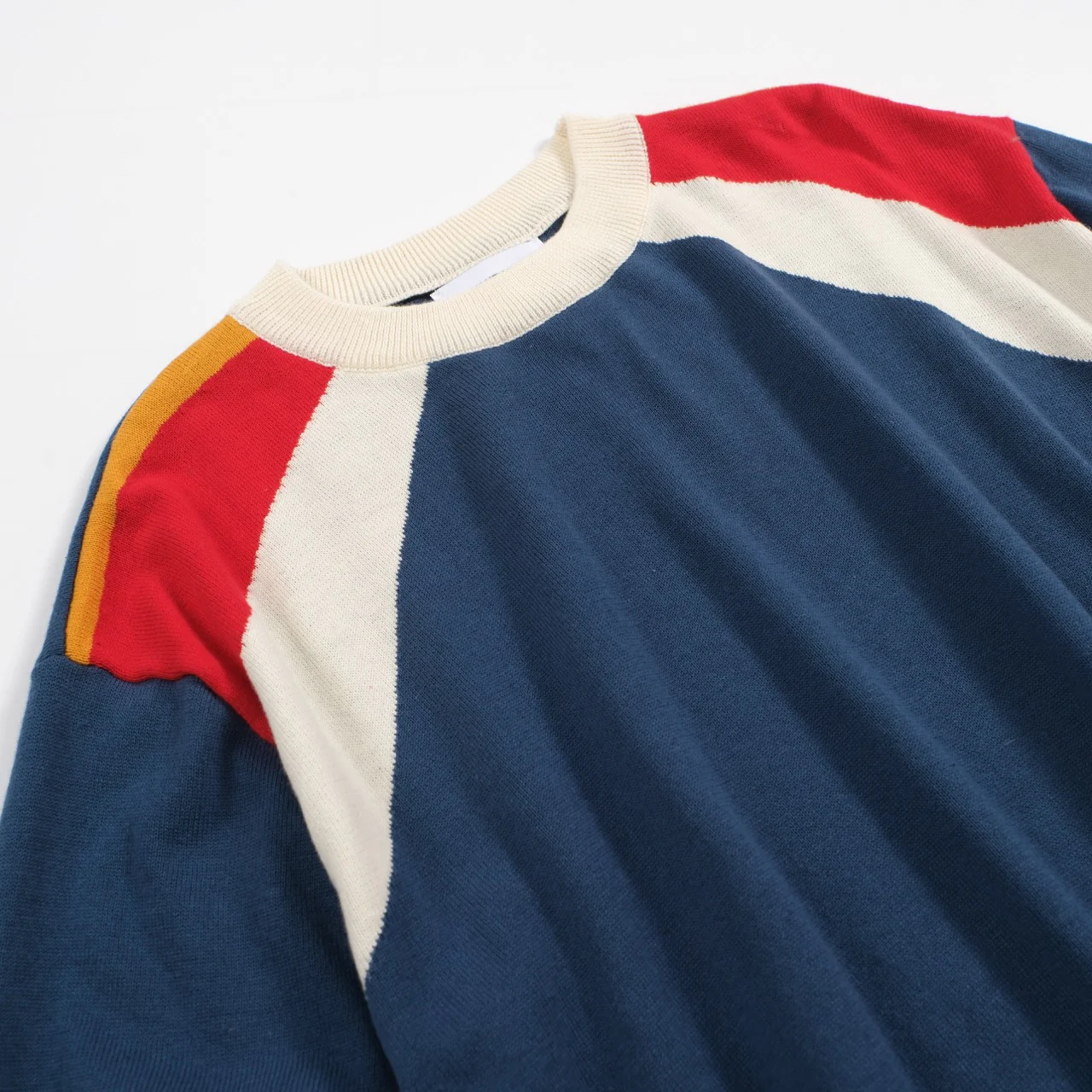 Men's 70s Colorblock Knit Tee – Blue Retro Stripe Crewneck - Image 8