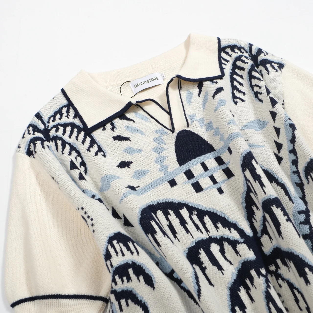 Men's 70s Knit Safari Polo – Elephant & Palm Tree Jacquard Shirt - Image 10