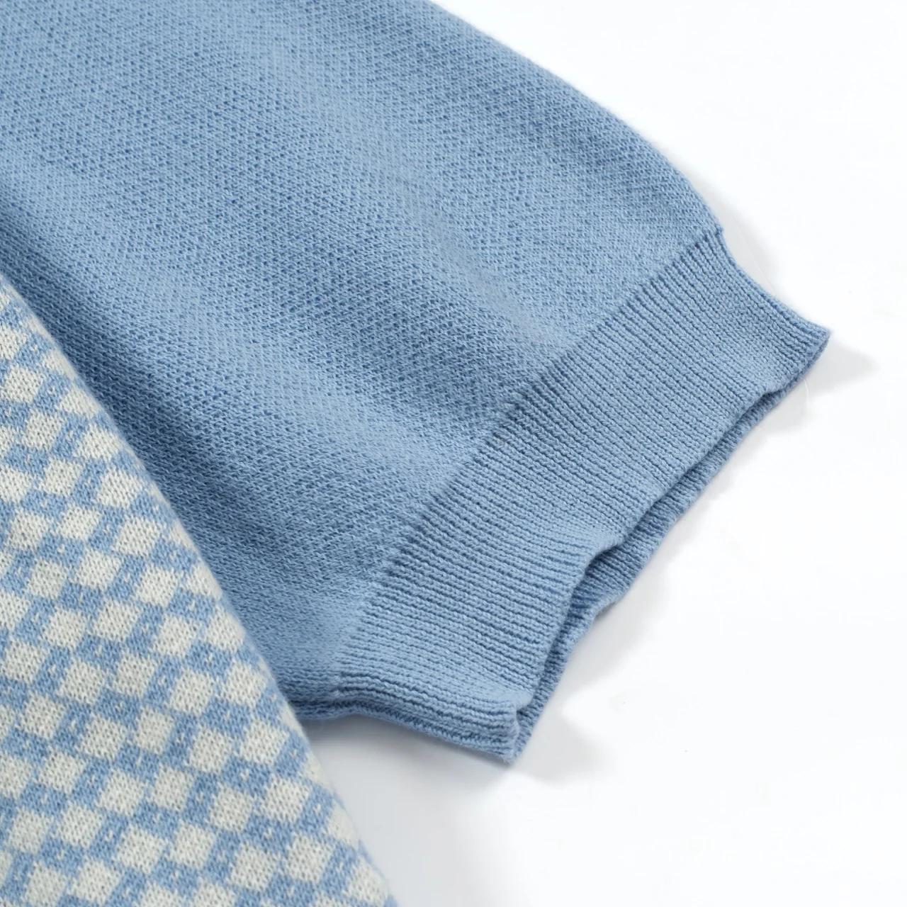 Men's 70s Mod Zip Knit Polo – Light Blue Diamond Pattern Summer Shirt - Image 5