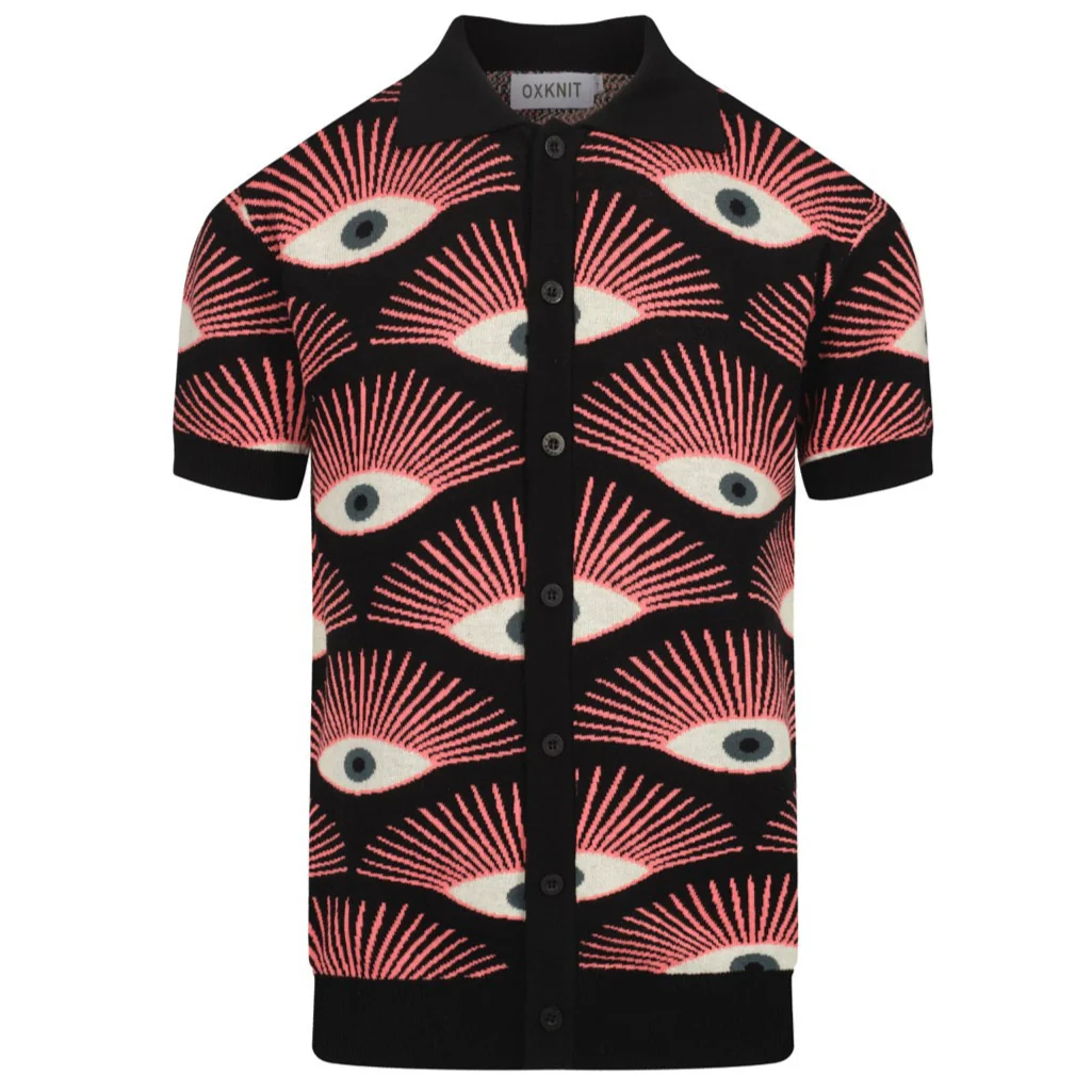 Men's Psychedelic Eye Knit Shirt – Black Button-Up with All-Seeing Graphic Print - designed by Carrie Cantwell