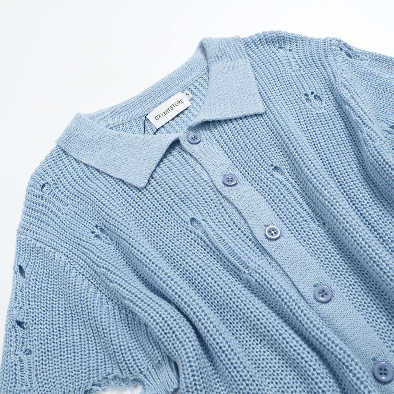 Men’s Retro Distressed Knit Shirt – Vintage Sky Blue Button-Up with Raw Edges - Image 10