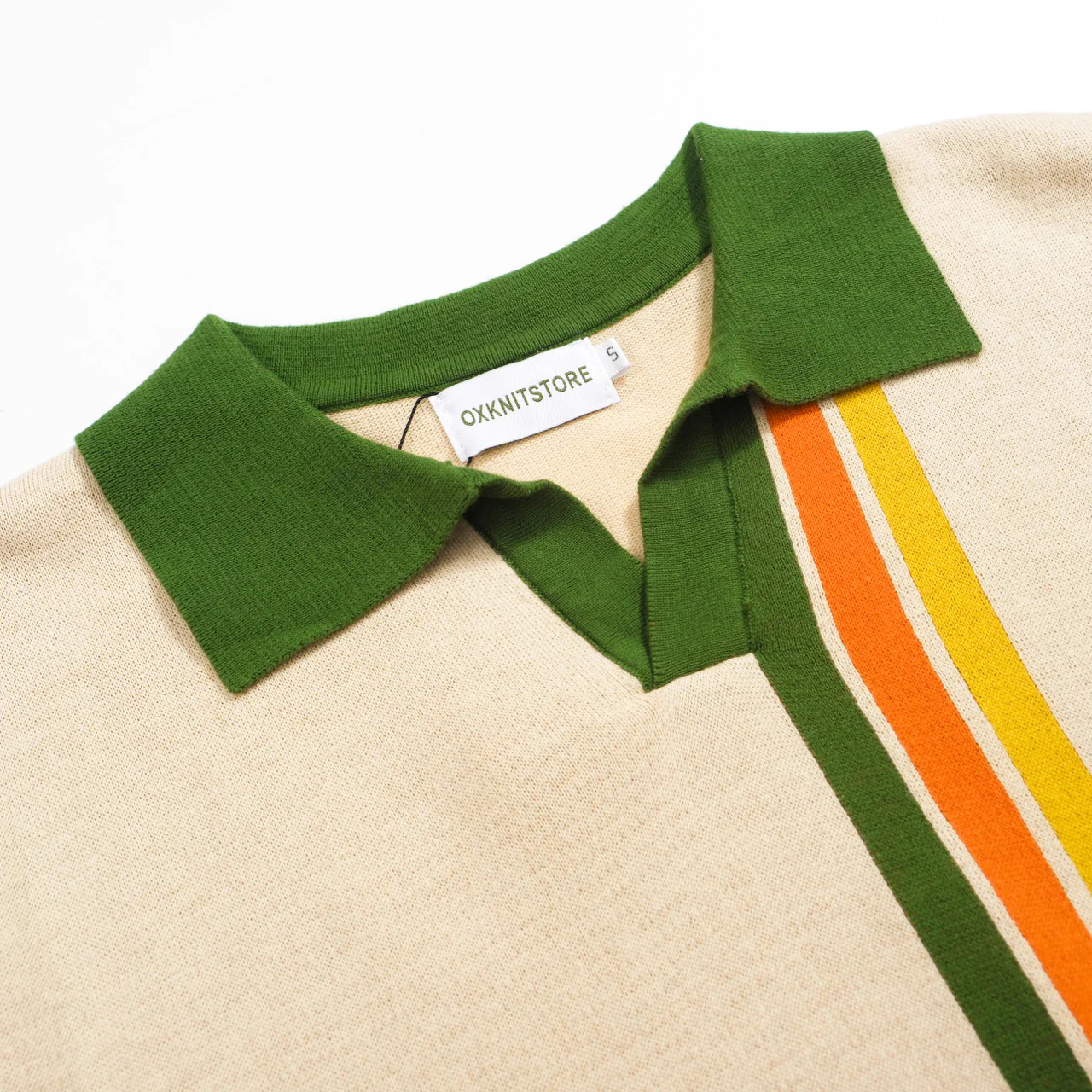 Men's Retro Knit Polo – Vintage Cream Button-Up with 70s Geometric Graphic - Image 3