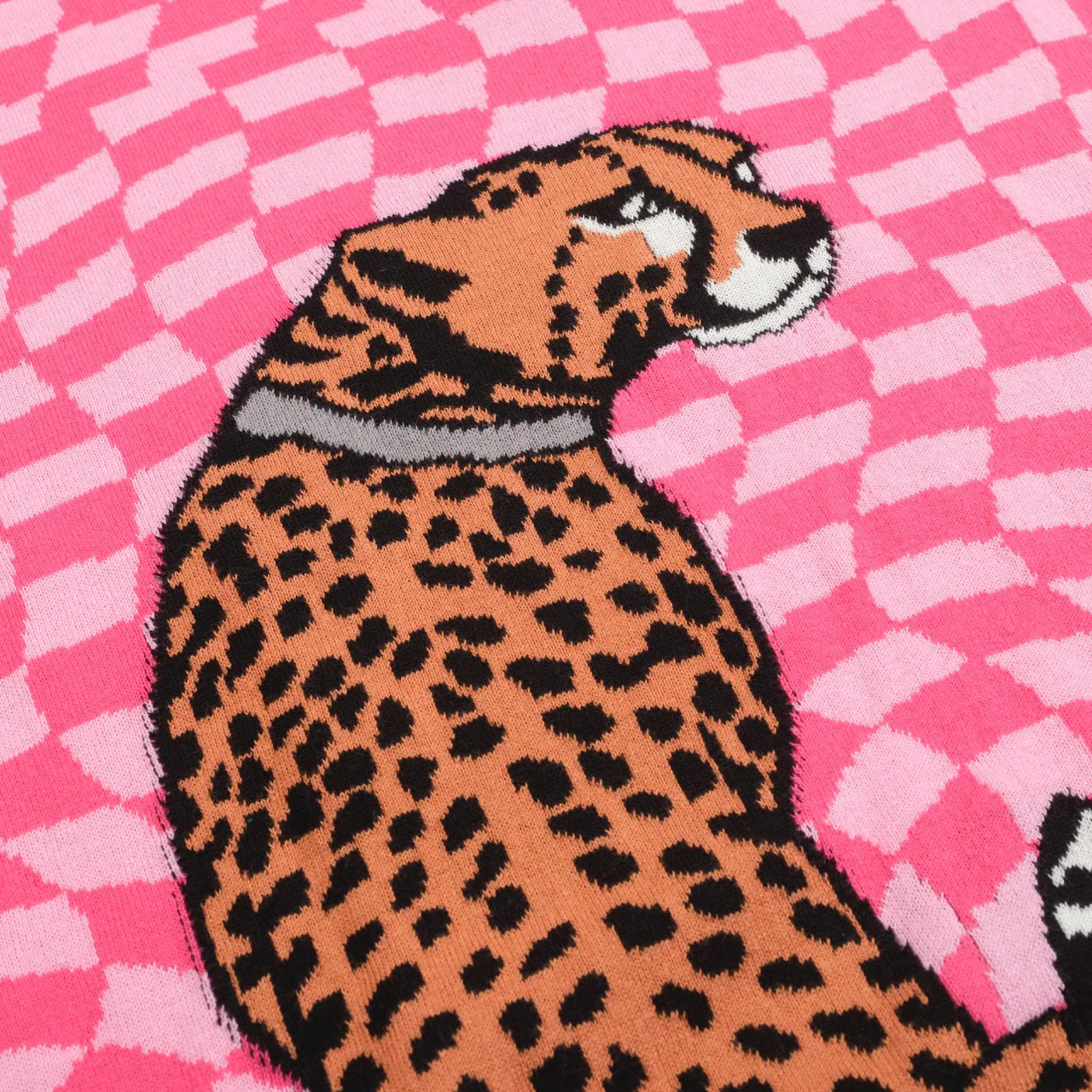 Men's Retro Knit Polo – Vintage Pink Checkerboard with Leopard Graphic - Image 4