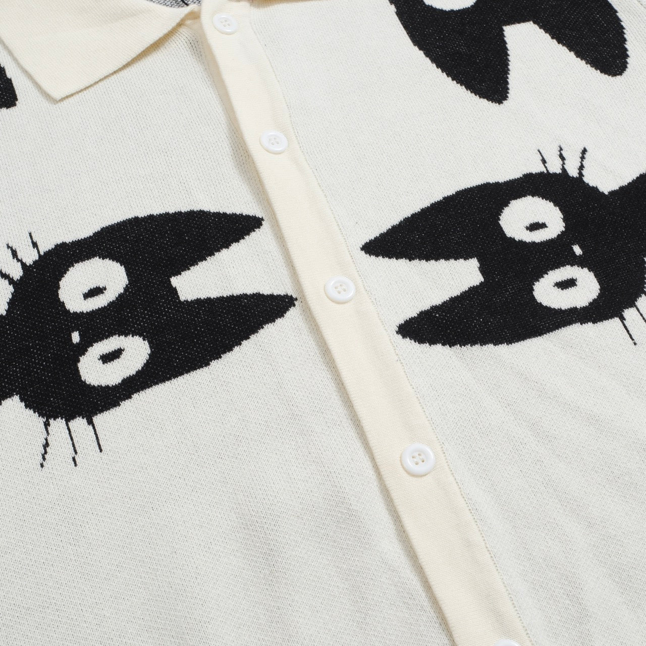 Men’s Retro Knit Shirt – Vintage Cream Button-Up with Black Cat Graphic - Image 5
