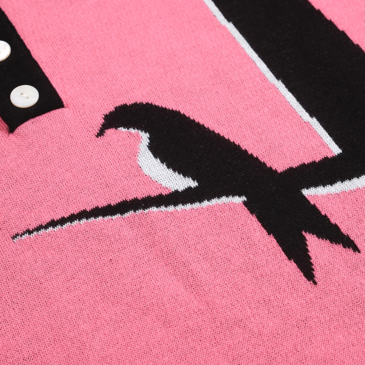 Men’s Retro Knit Shirt – Vintage Pink Button-Up Polo with Bird & Sunset Graphic - Image 2