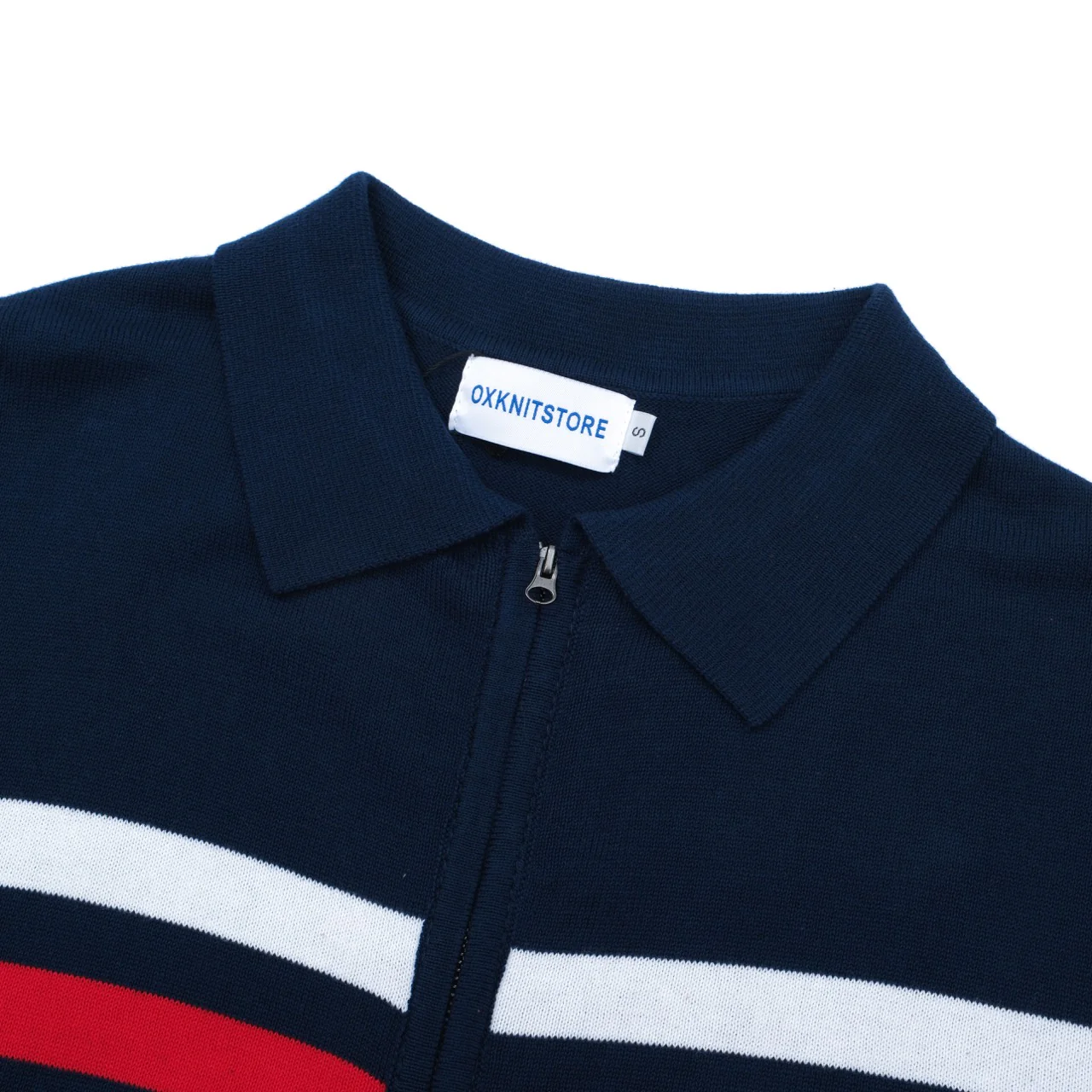 Men’s Retro 1970s Zip-Up Knit Jacket – Vintage Navy with Red & White Stripes - Image 3
