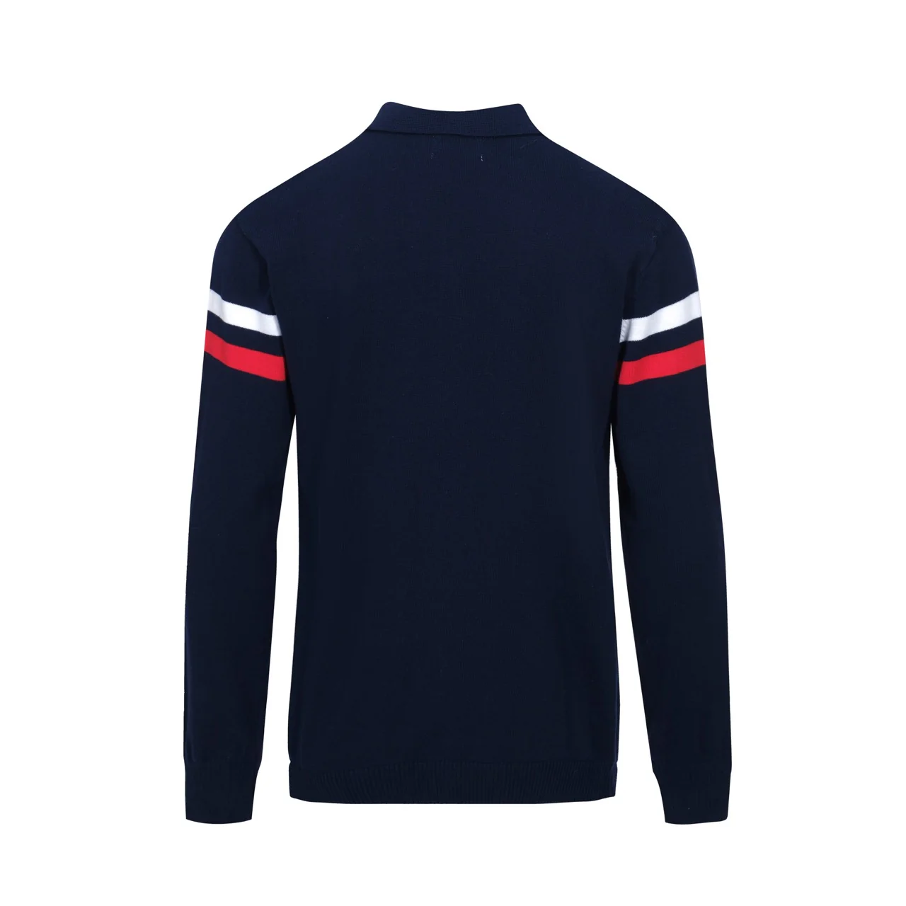 Men’s Retro 1970s Zip-Up Knit Jacket – Vintage Navy with Red & White Stripes - Image 8