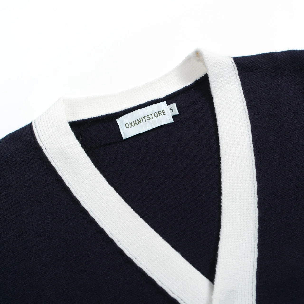 Men’s Vintage Navy Cardigan – Retro Contrast Trim Knit with Deep V-Neck - Image 3