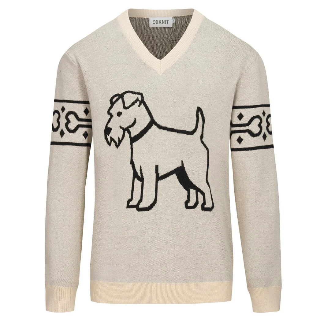 Men's apricot puppy design jacquard V-neck knitwear