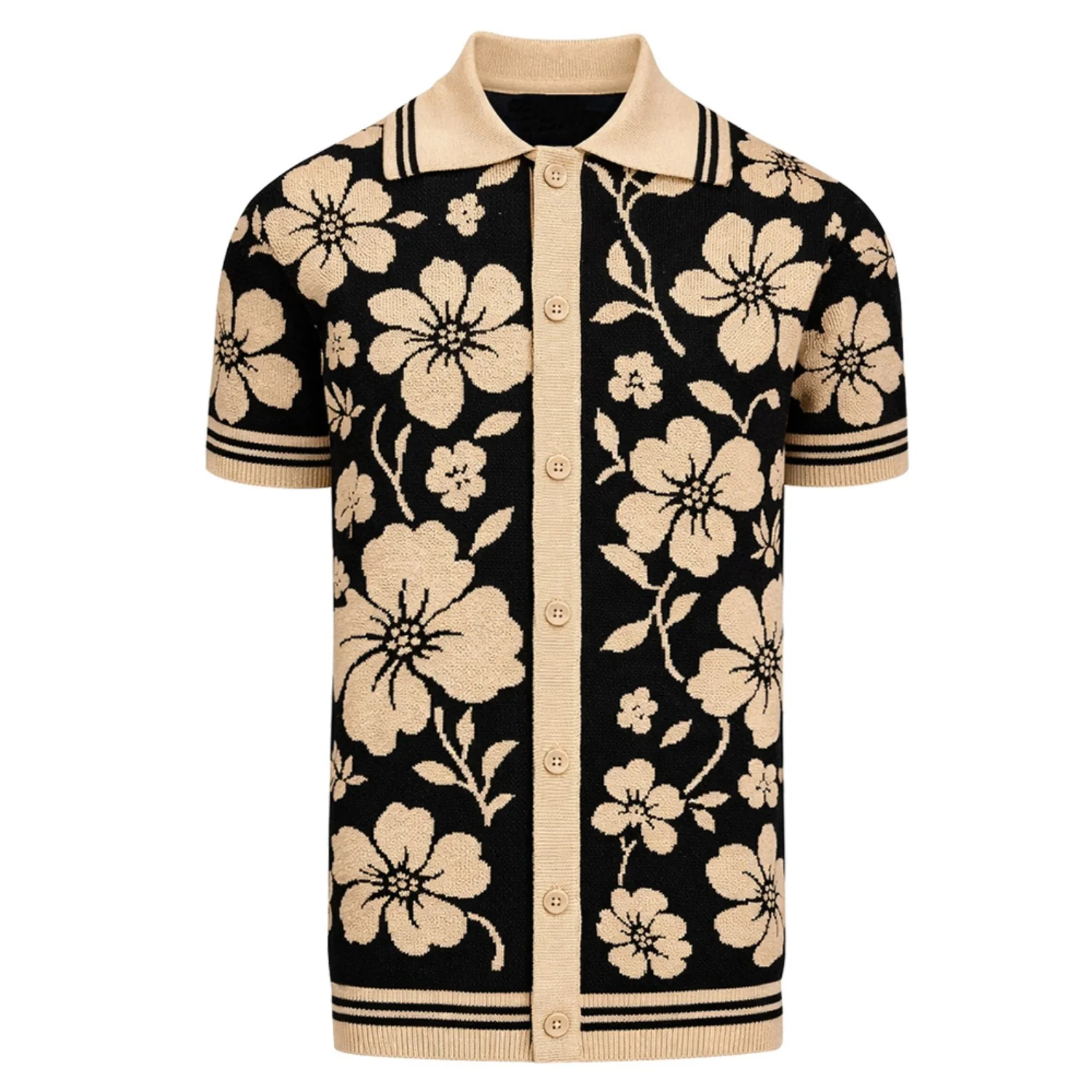 Men's black floral plant vintage jacquard cardigan