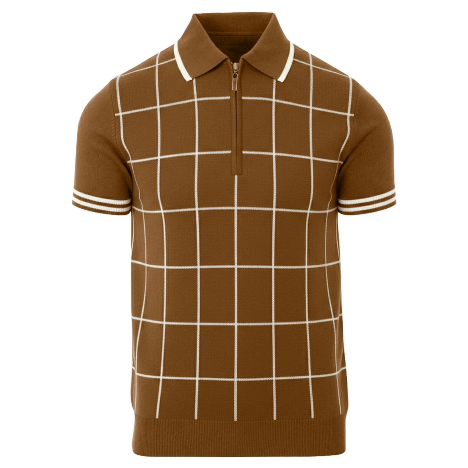 Men's brown checkered jacquard zipper short-sleeved polo