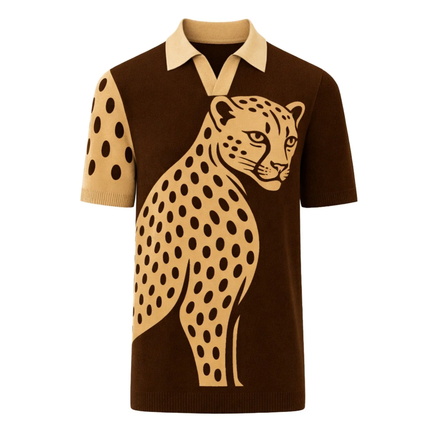 Men's brown vintage cheetah jacquard short-sleeved V-neck polo