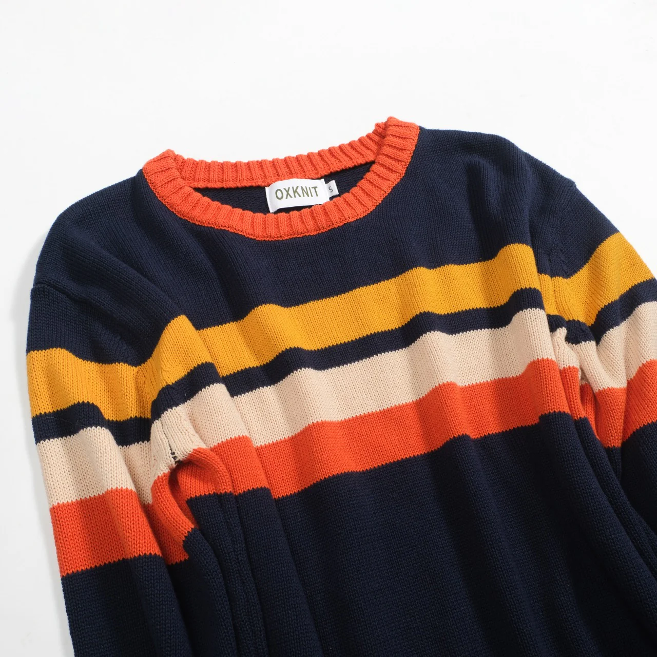 Men's dark blue retro art-striped fashionable jacquard round-neck knitwear - Image 9