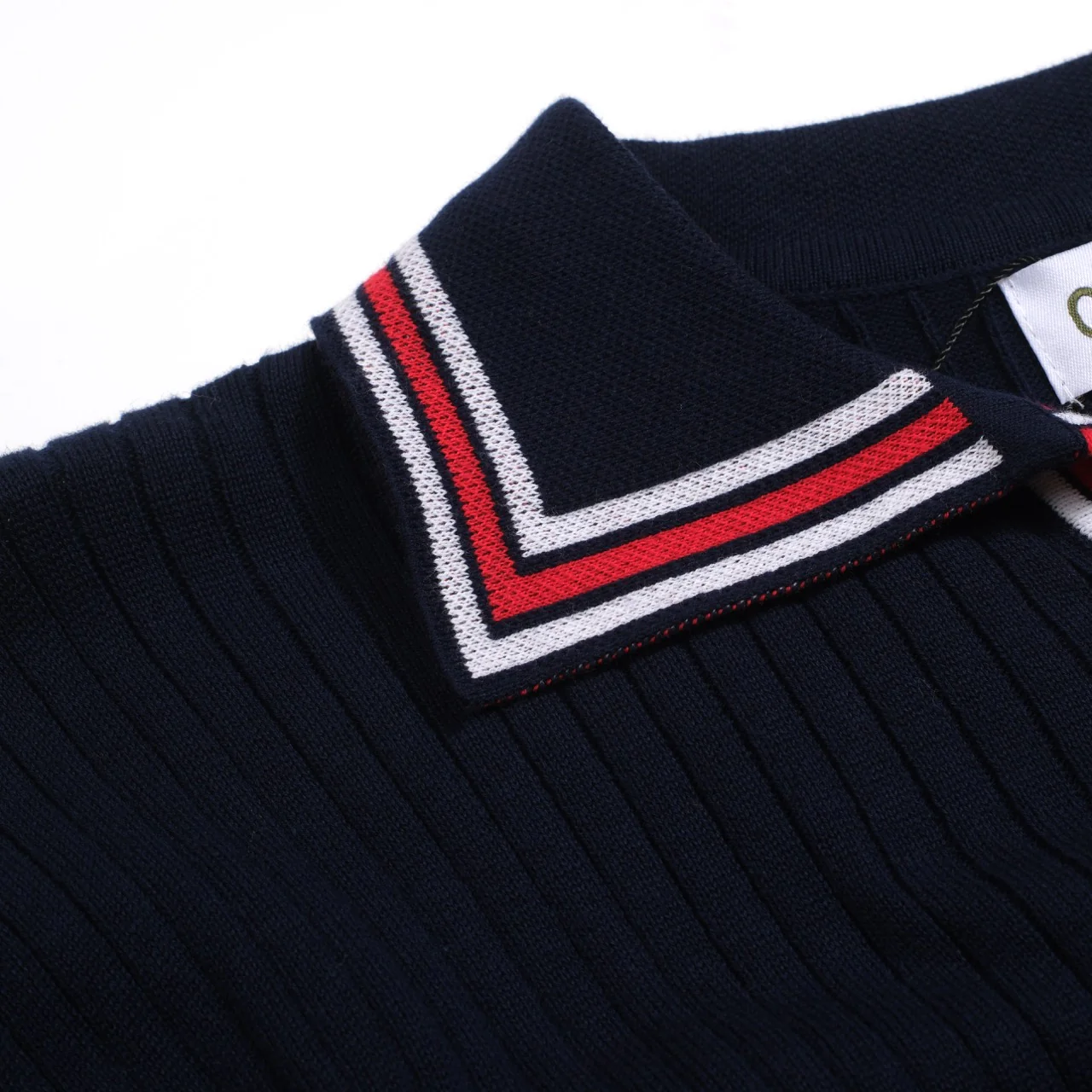 Men's dark blue vintage striped pothole knitted polo shirt - Image 6