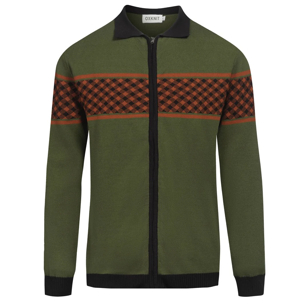Men's green retro grid jacquard knitted cardigan
