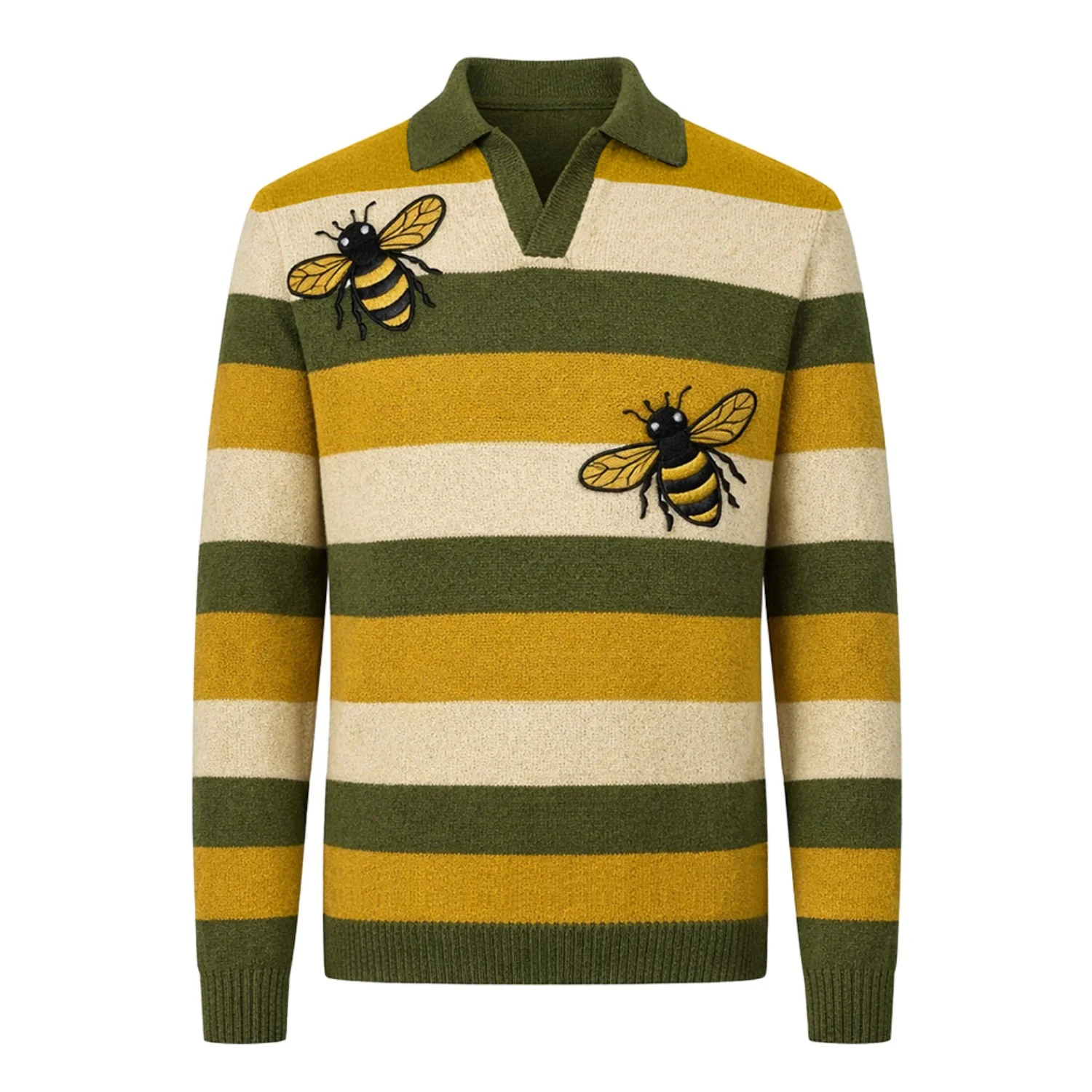 Men's green striped bee embroidered knitted polo