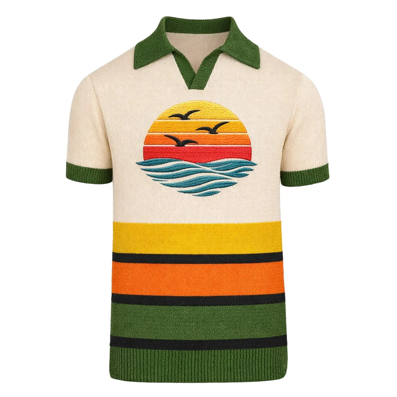 Men's Green Striped Sunset Embroidered polo Knit Shirt