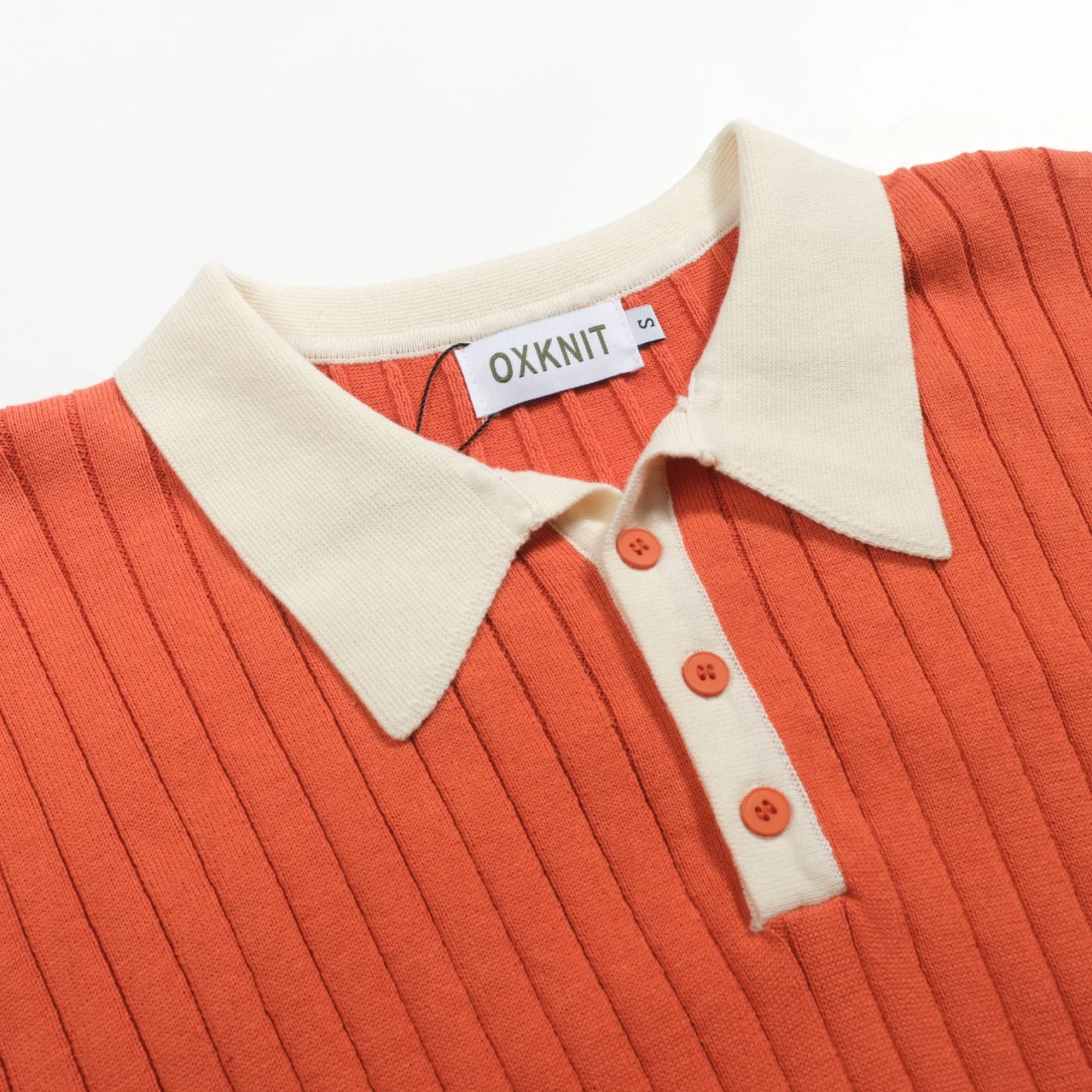 Mens orange vertical pit striped knitted polo shirt - Image 4