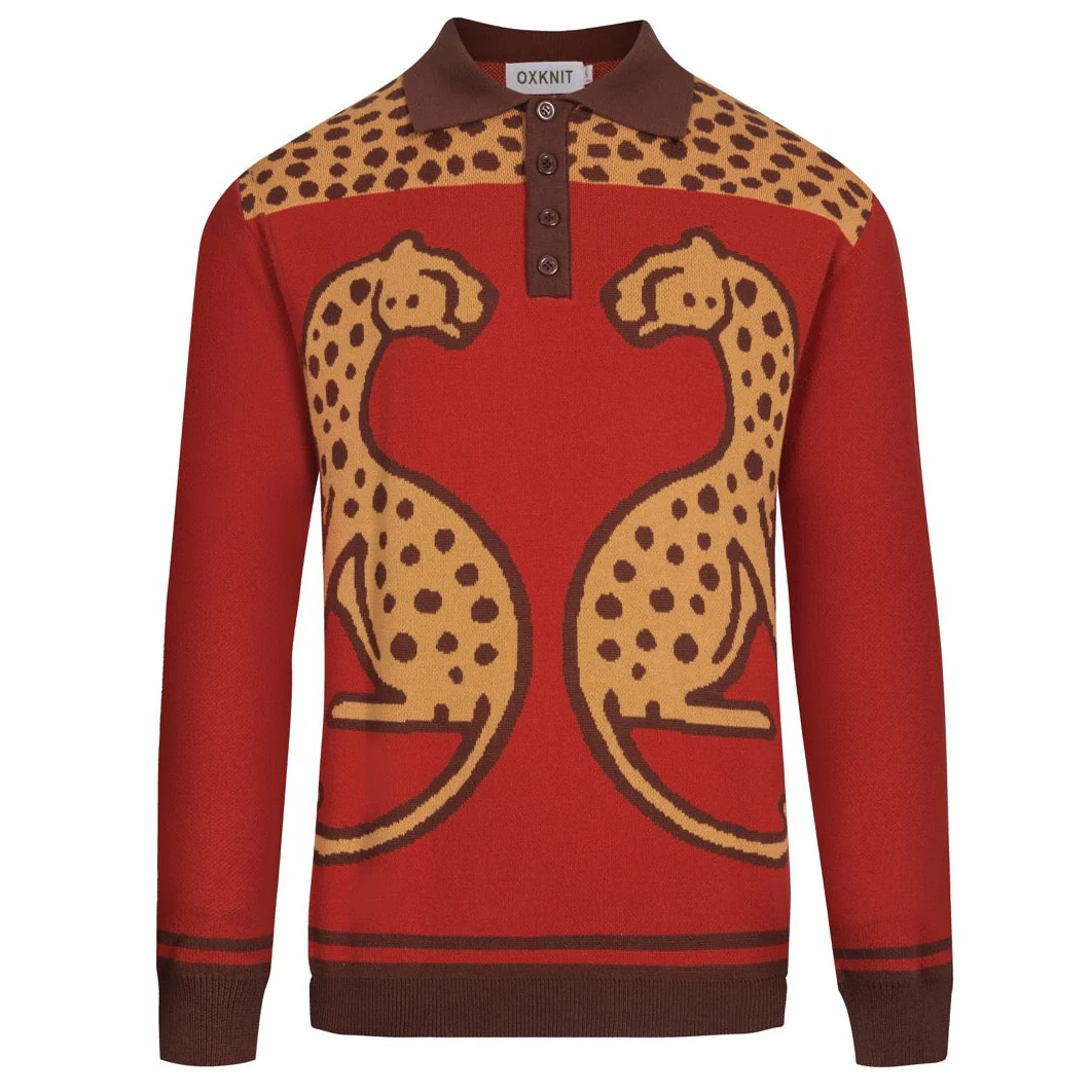 Men's red leopard print animal jacquard knitted polo shirt