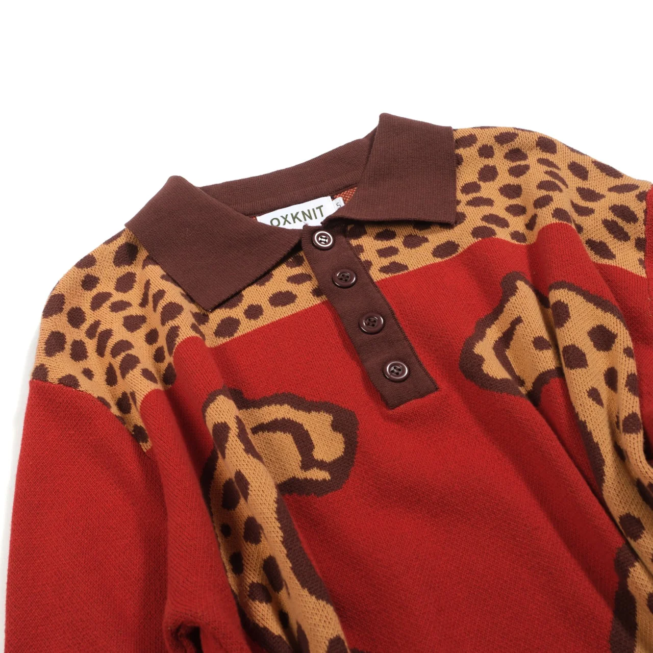 Men's red leopard print animal jacquard knitted polo shirt - Image 8