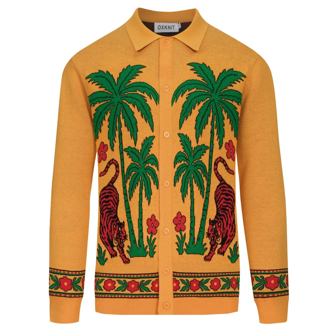 Men's yellow tiger Plant jacquard vintage knit cardigan