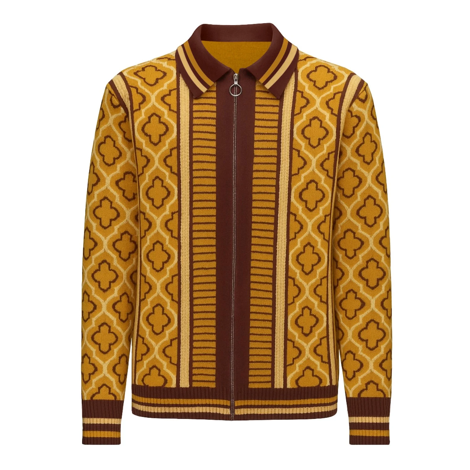 Men's yellow vintage 60's jacquard zipper cardigan