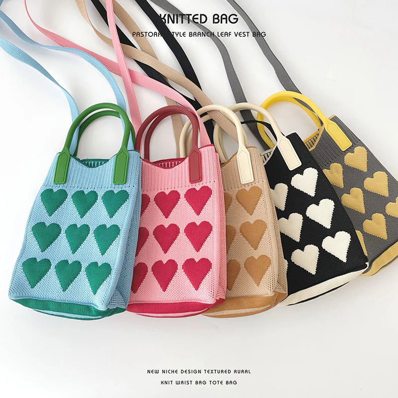 Pink Heart Shape Mini Phone Bag Knit Tote - Image 5