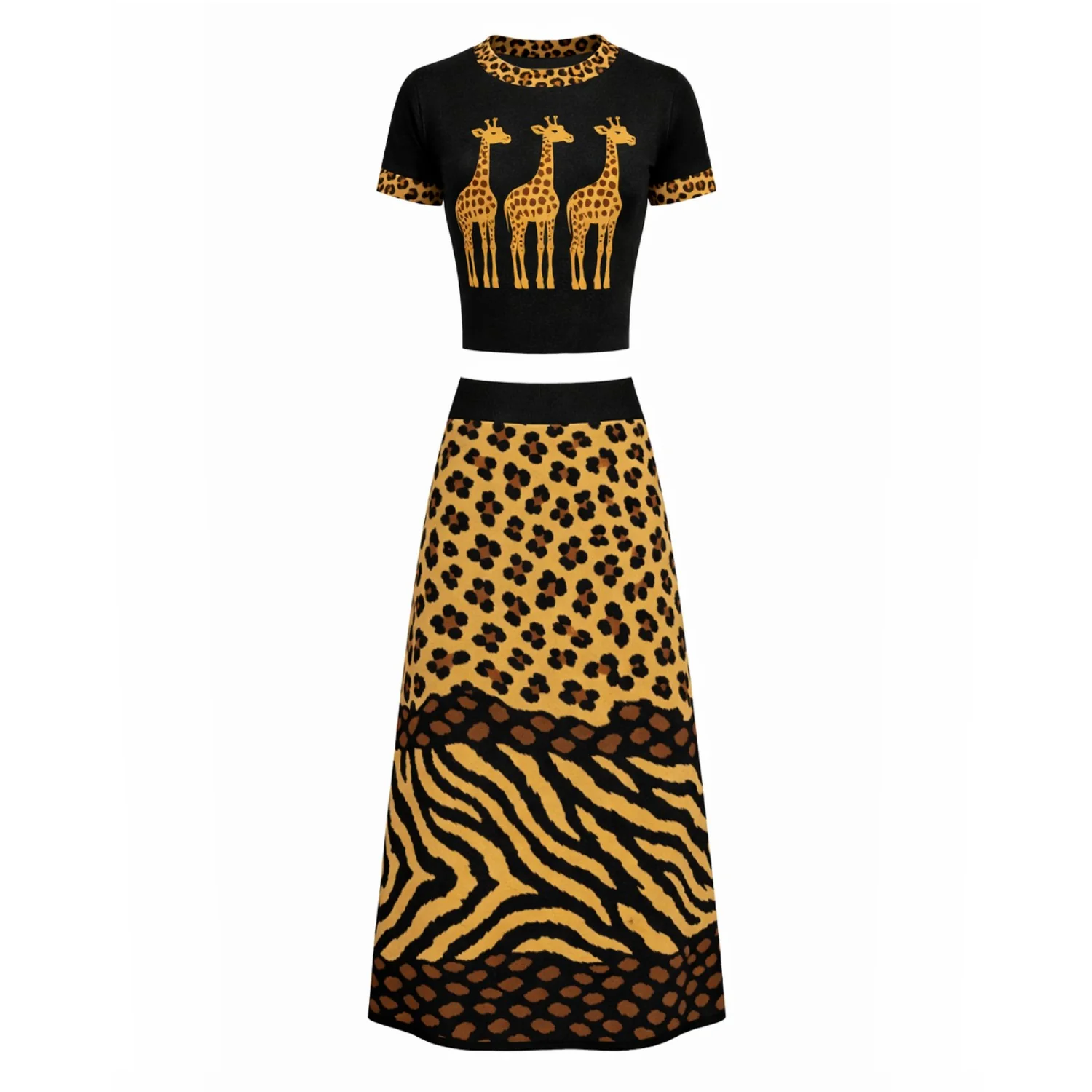 Women's black giraffe jacquard retro jacquard knit dress set