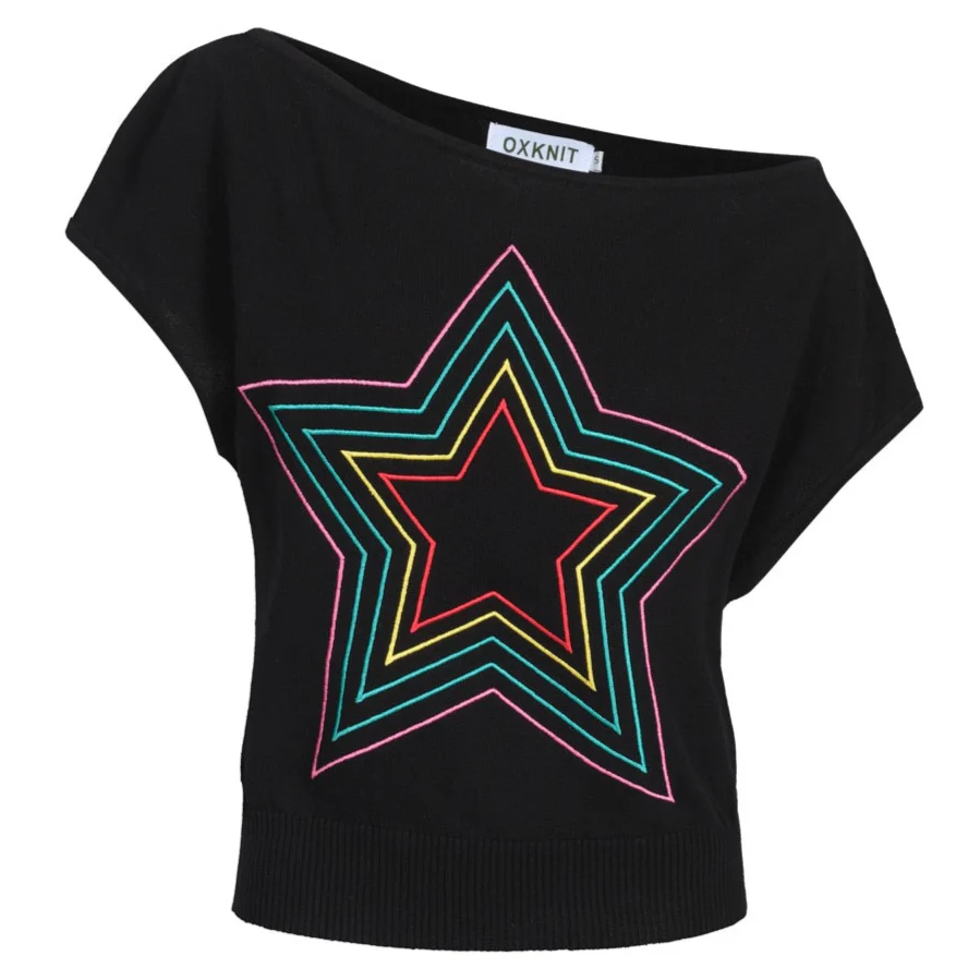 Women's black Retro Star Knitted Plaid Shoulder-Sleeved T-Shirt - Short Size