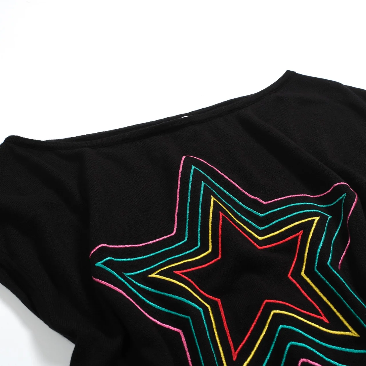Women's black Retro Star Knitted Plaid Shoulder-Sleeved T-Shirt - Short Size - Image 8