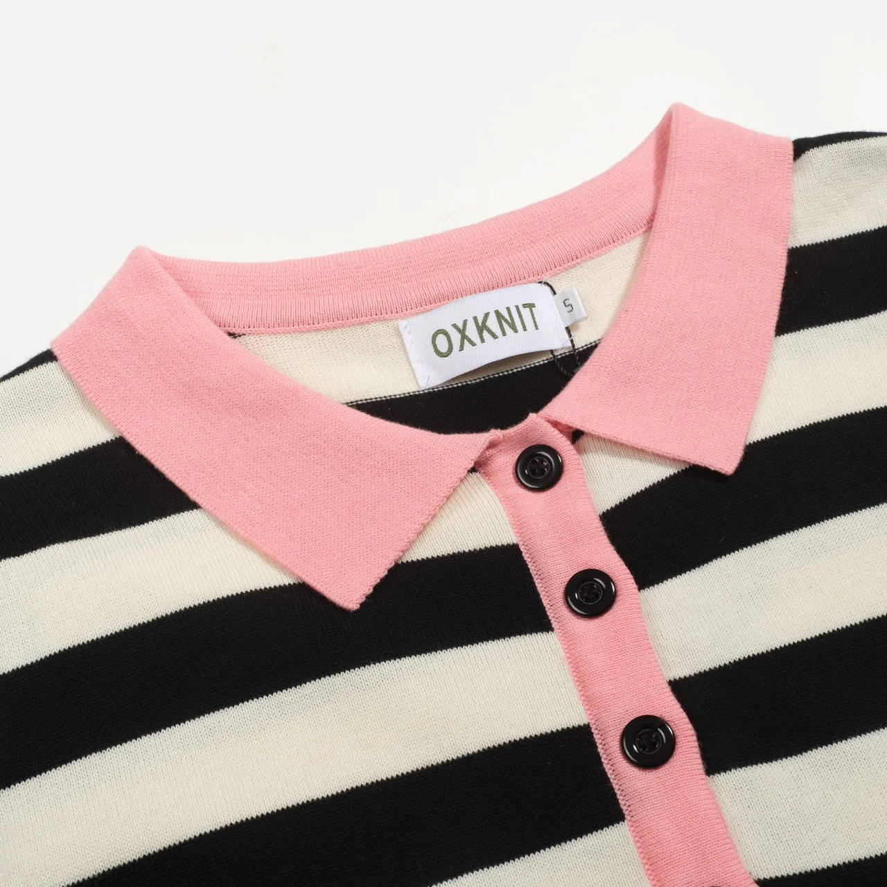 Women's black striped knitted bubble sleeve polo - Image 4