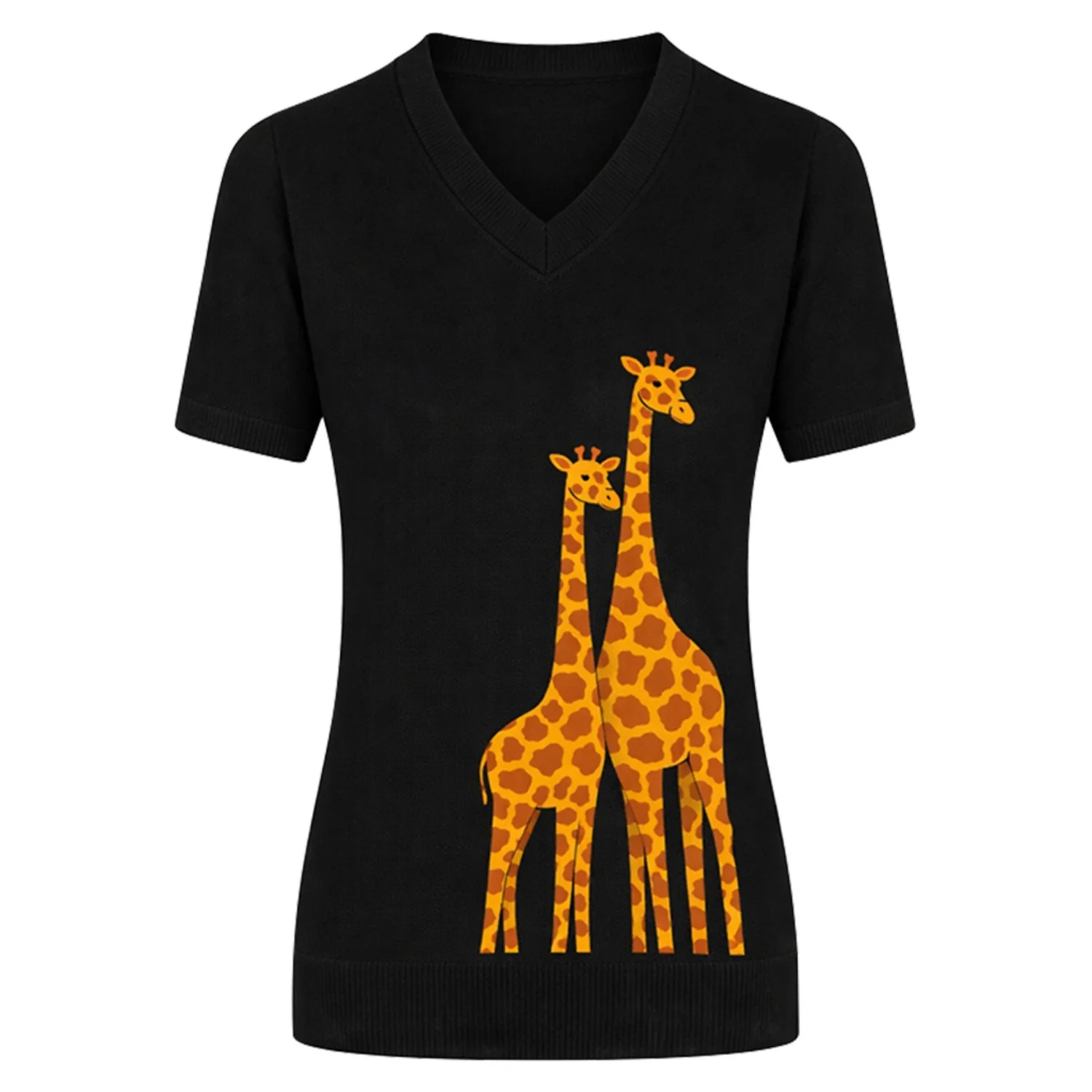 Women's black vintage giraffe vintage knit V-neck T-shirt