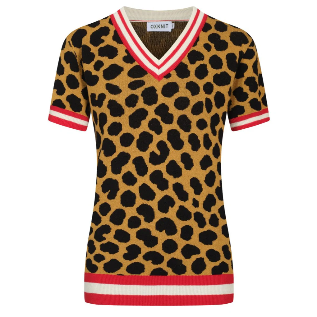 Women's brown leopard print jacquard V-neck knit T-shirt