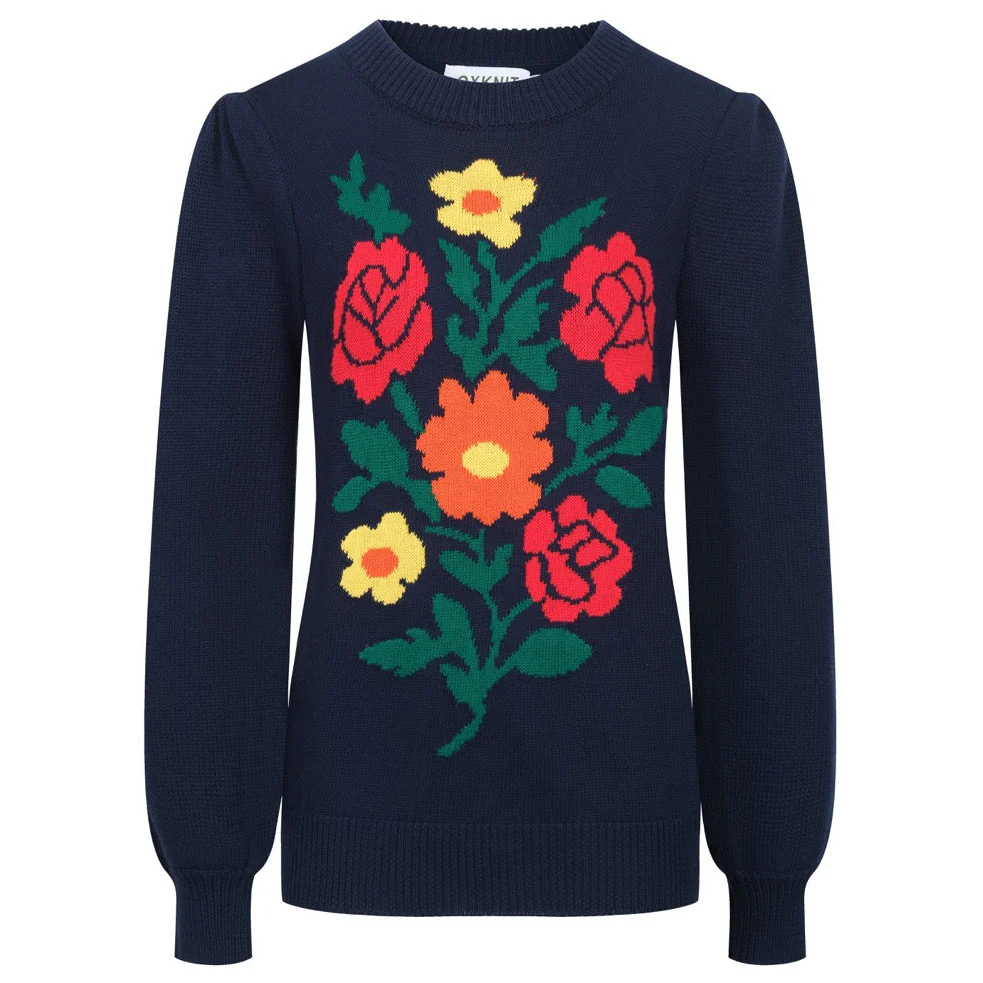 Women's dark blue jacquard floral puffed sleeve knitwear