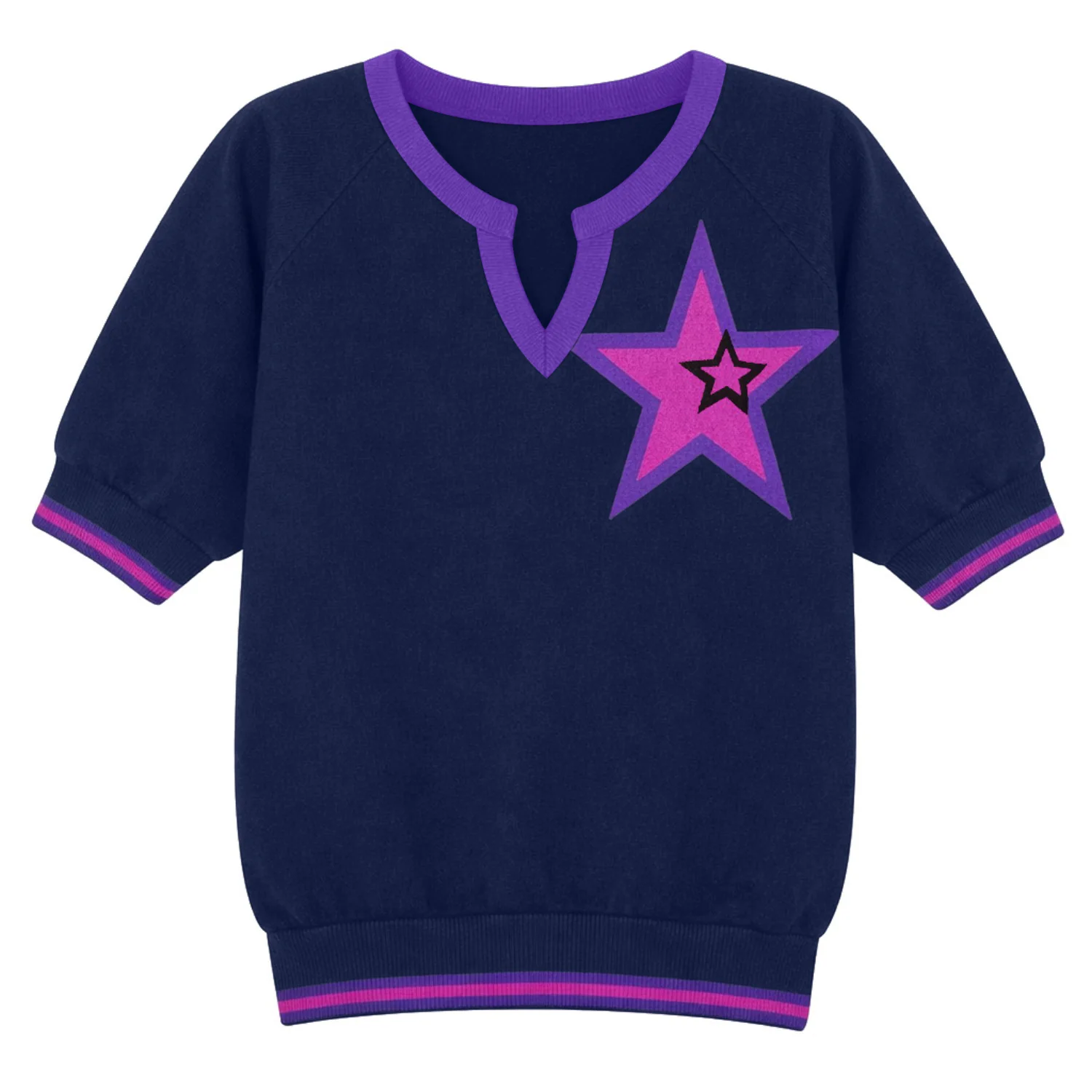 Women's dark blue pentagram jacquard knit T-shirt - Cropped Length
