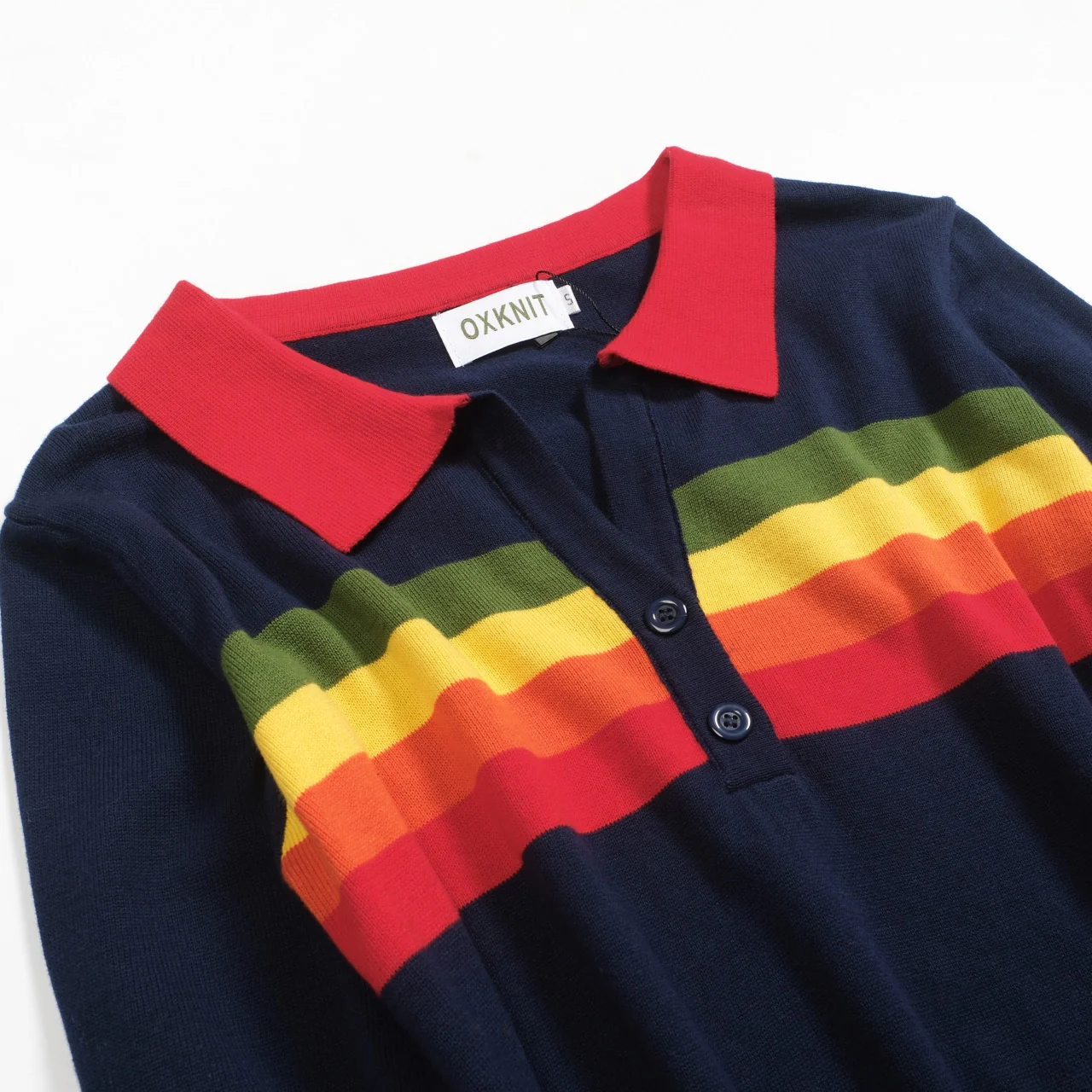 Women's dark blue rainbow stripe V-neck knitwear - Image 7