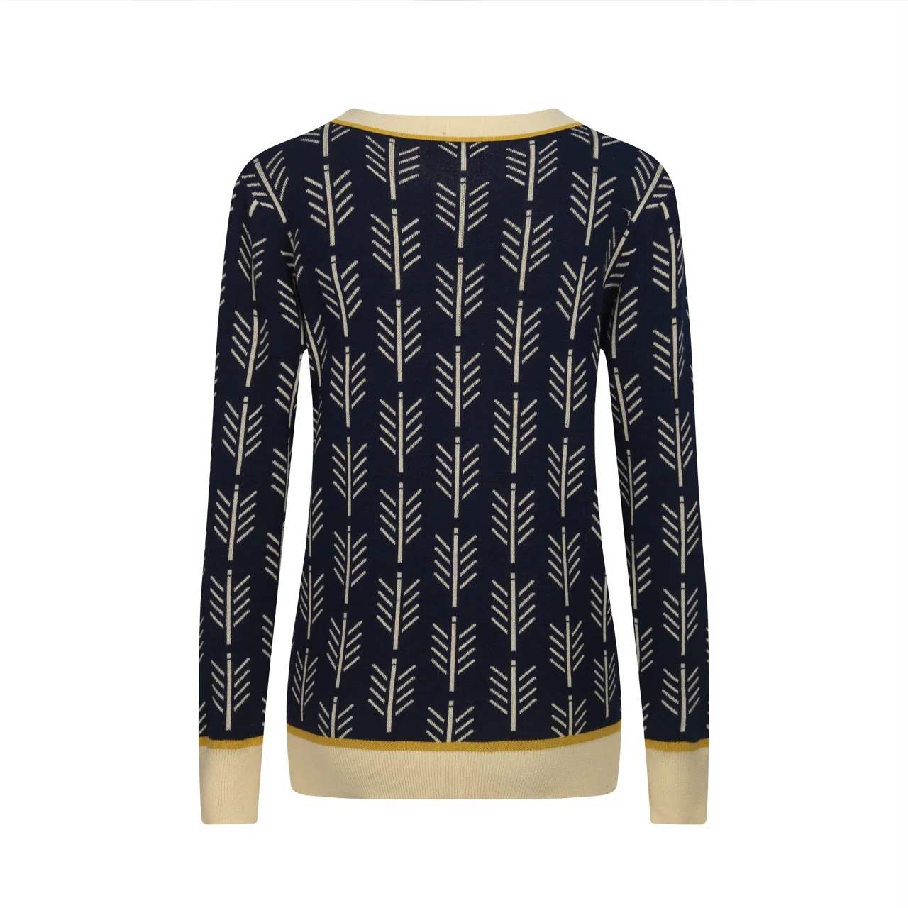 Women's dark blue vintage pattern jacquard lapel knit cardigan - Image 3