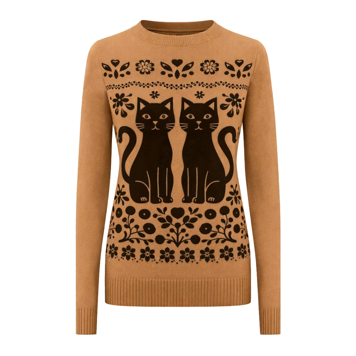 Women's Dark Khaki Small Cat Simple Retro Jacquard Knitwear
